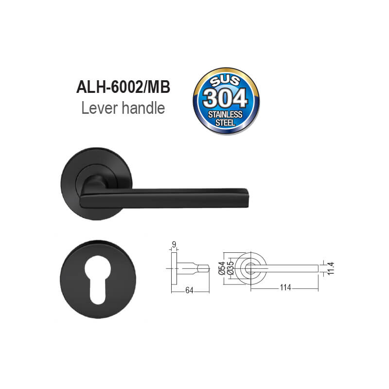 ALH-6002-2 Matte black 304-grade stainless steel lever-style door handle with a straight cylindrical lever mounted on a round rose, model ALH-6002/MB.