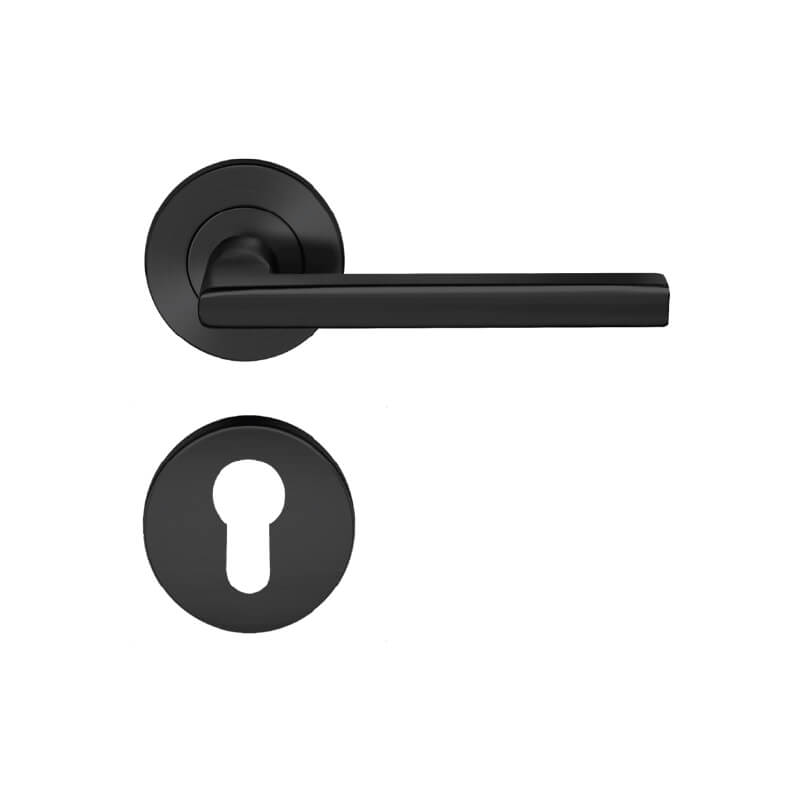 ALH-6002 Polished chrome lever-style door handle with a straight cylindrical lever mounted on a round rose plate, shown in close-up to highlight its smooth, minimalist design
